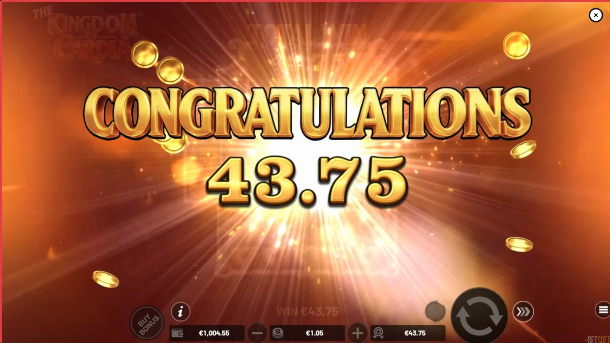 The Kingdom of Cardia slot game interface featuring whimsical garden and card symbols