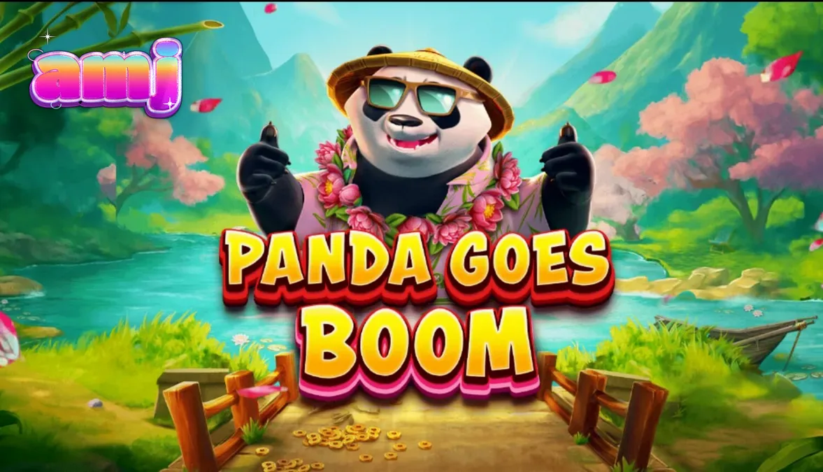 Isang masayang panda na nakasuot ng straw hat sa isang tropikal na setting ng slot machine.